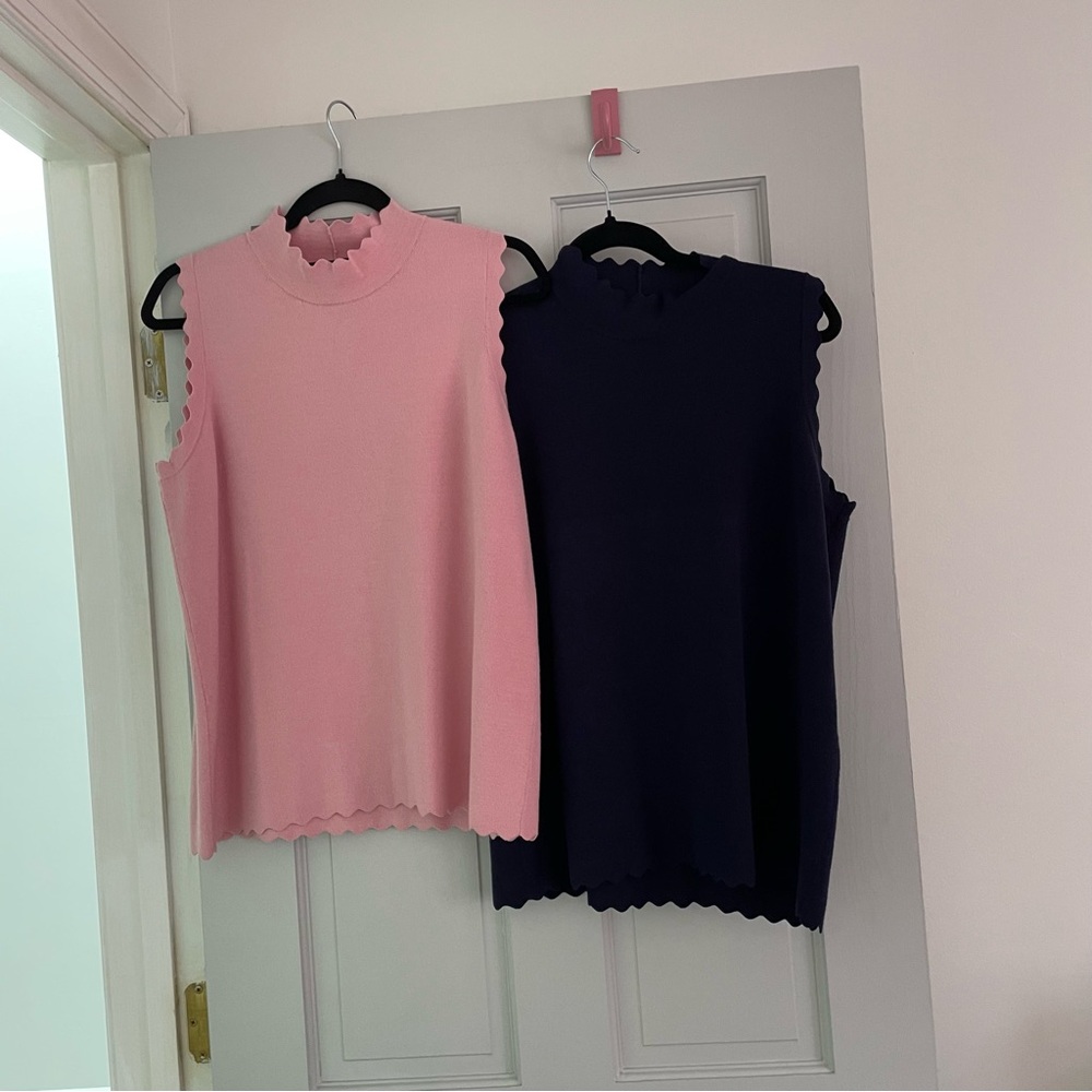 2 EUC Scalloped Edge Sleeveless Sweater Material Tops - Pink and Navy size XL